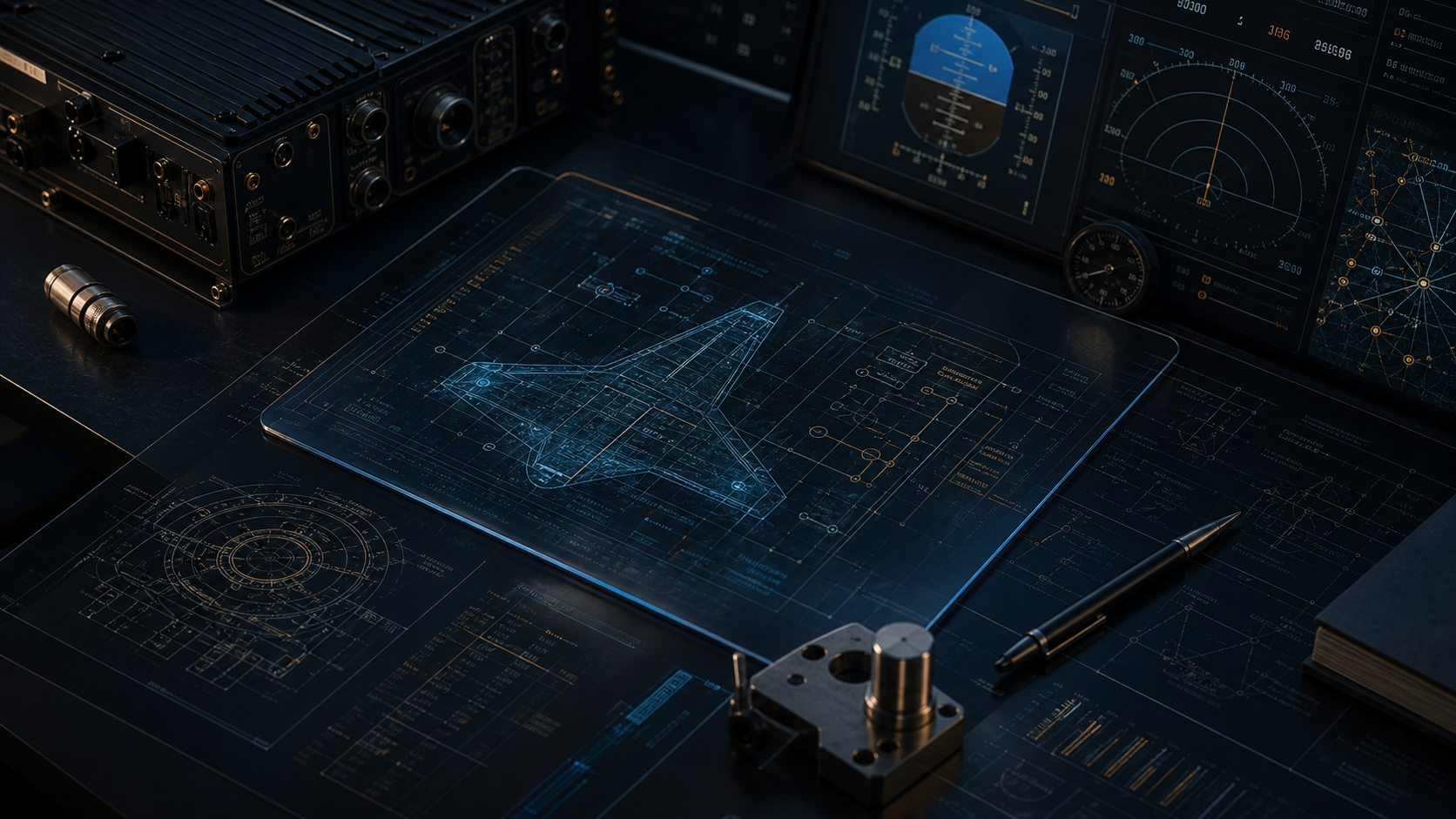 Premium editorial aerospace systems cover with avionics displays, flight-control geometry, and disciplined engineering details in a dark blue and teal palette.