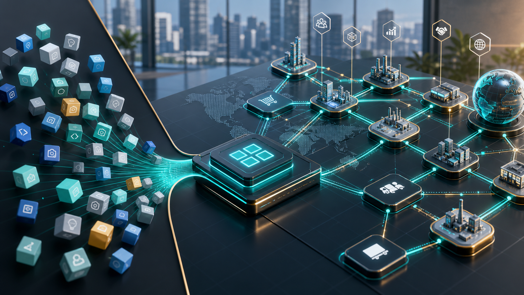 Premium editorial cover showing marketplace-style platform pathways, ecosystem connections, and structured commercial distribution in a blue, teal, and gold palette.