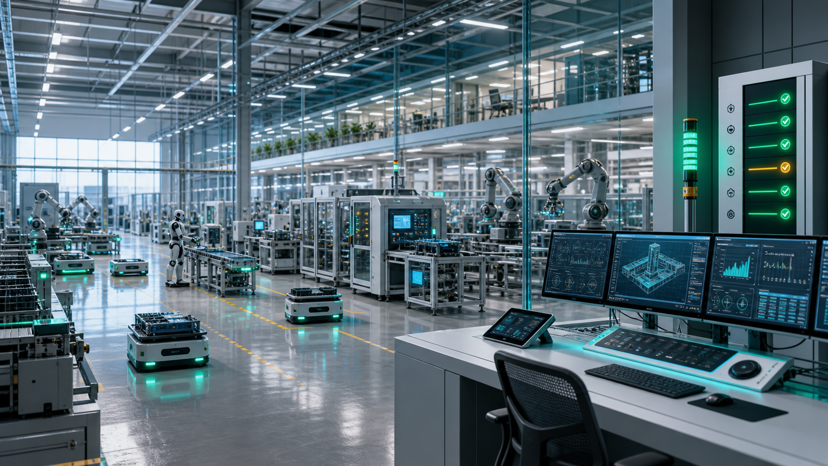 Premium editorial cover showing a bright advanced manufacturing environment with autonomous devices, robotic systems, sensor architecture, and human-supervision cues.