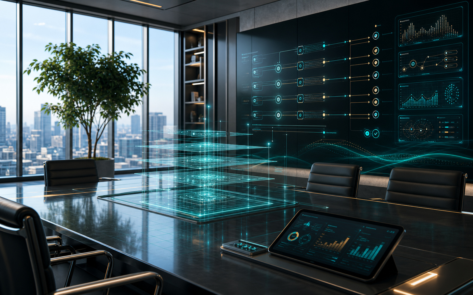Premium editorial cover showing a governed enterprise AI environment with secure data zones, control surfaces, and layered blue and teal governance cues.