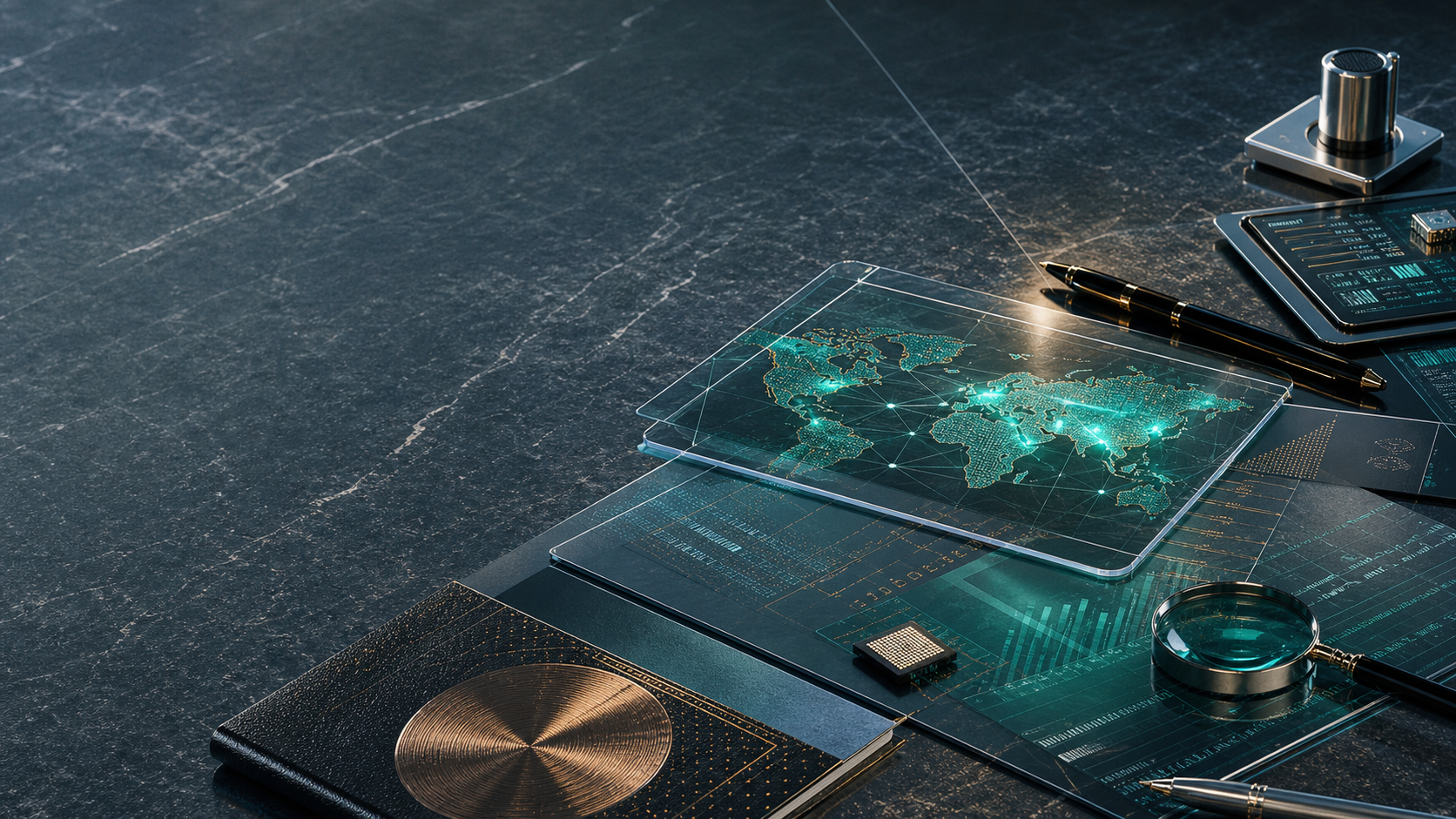 Premium editorial investment cover showing a dark decision surface, translucent deal materials, and teal and copper lighting cues representing disciplined AI-era capital allocation.