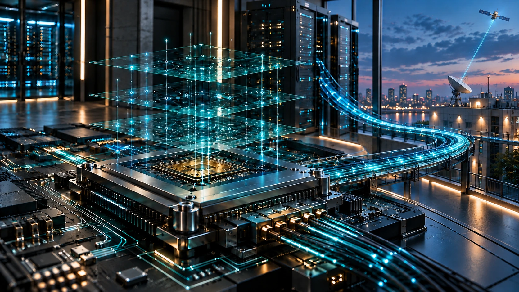 Kryptografisches Rechenmodul mit blauen und türkisgrünen Datenpfaden in einem Rechenzentrum sowie einer geraden Lichtverbindung zwischen der Außenantenne und einem Kommunikationssatelliten.