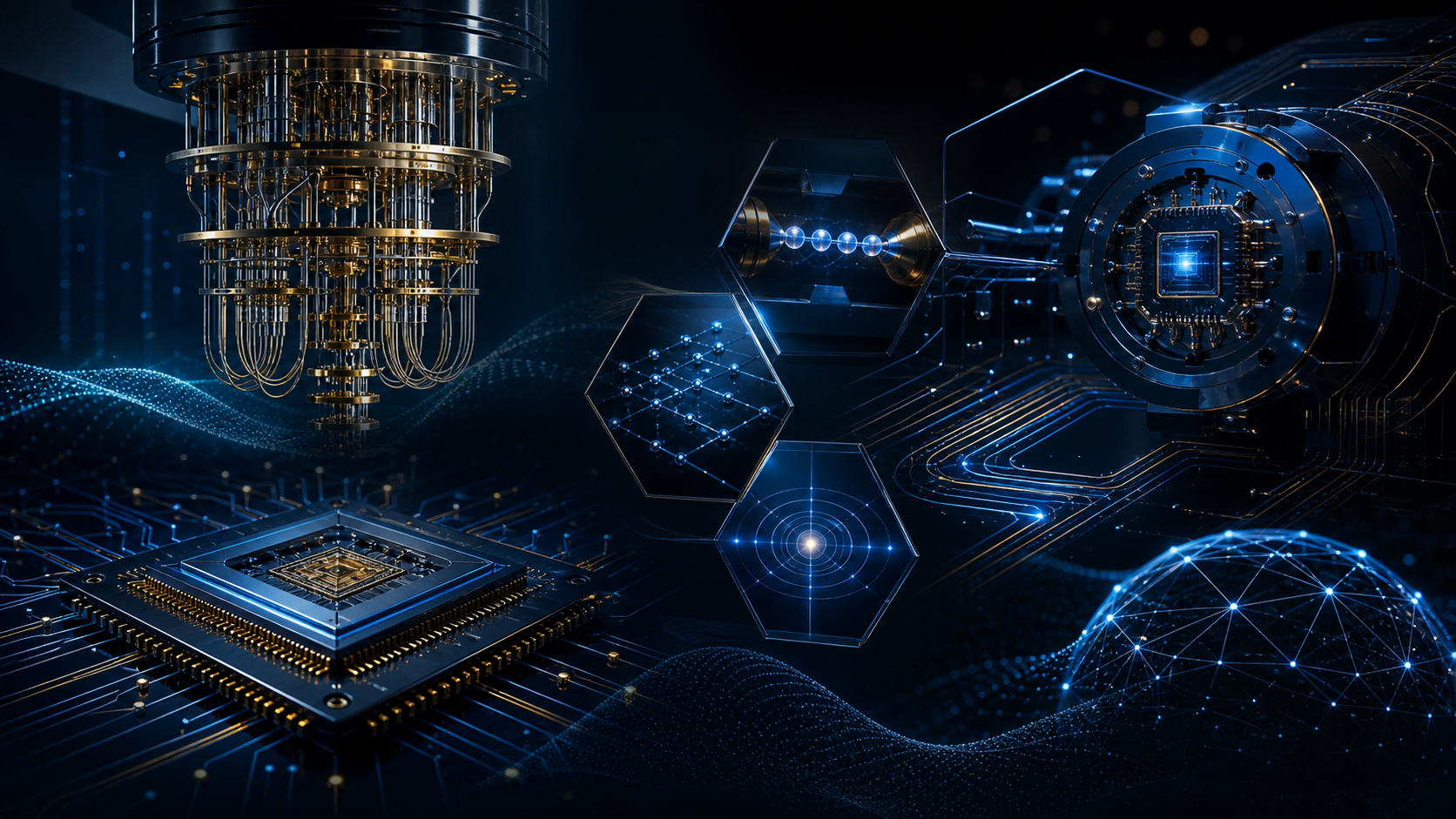 Premium editorial quantum computing cover with layered hardware geometry, infrastructure motifs, and deep blue and cyan lighting.