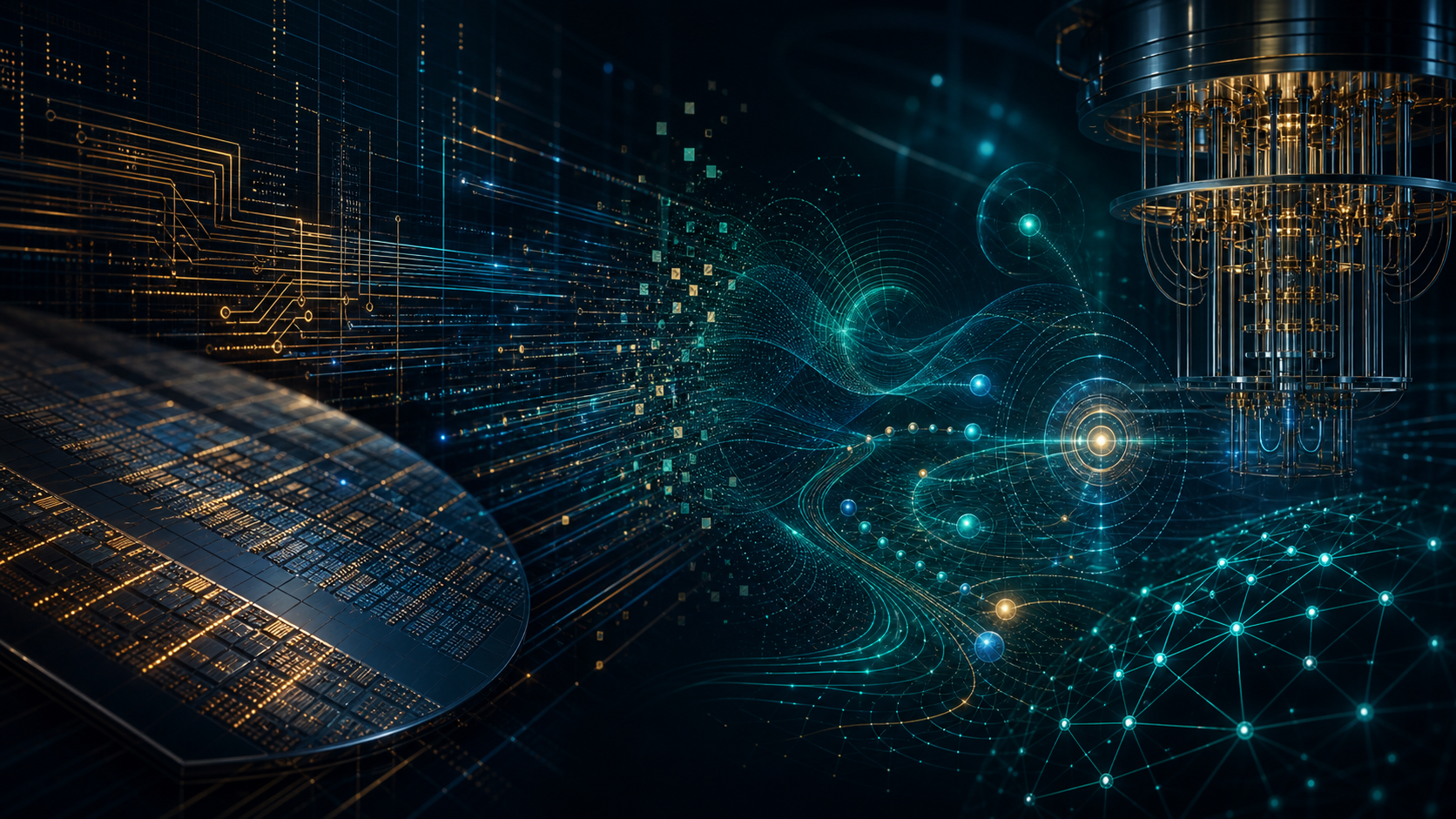 Premium editorial cover representing the transition from classical logic to quantum reasoning through advanced hardware, circuits, and abstract quantum structures.